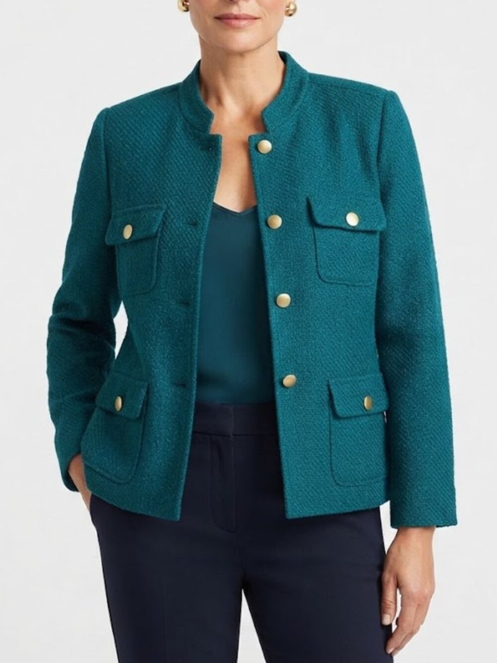 Chico's Teal Green Tweed Jacket Mandarin Collar Gold Buttons US Large Chico's 2